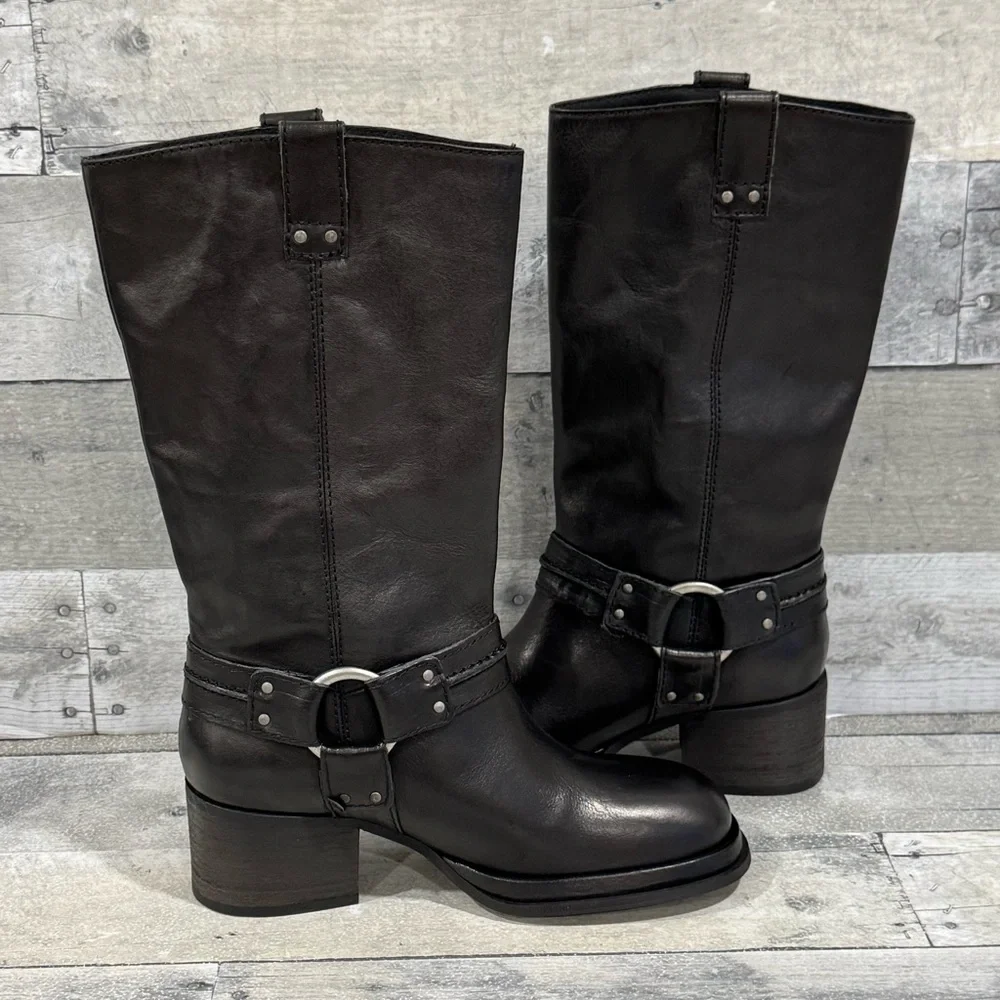 free people Anok Harness Moto Boots in Black Distressed Leather - Sz - 7.5 - Picture 2 of 13
